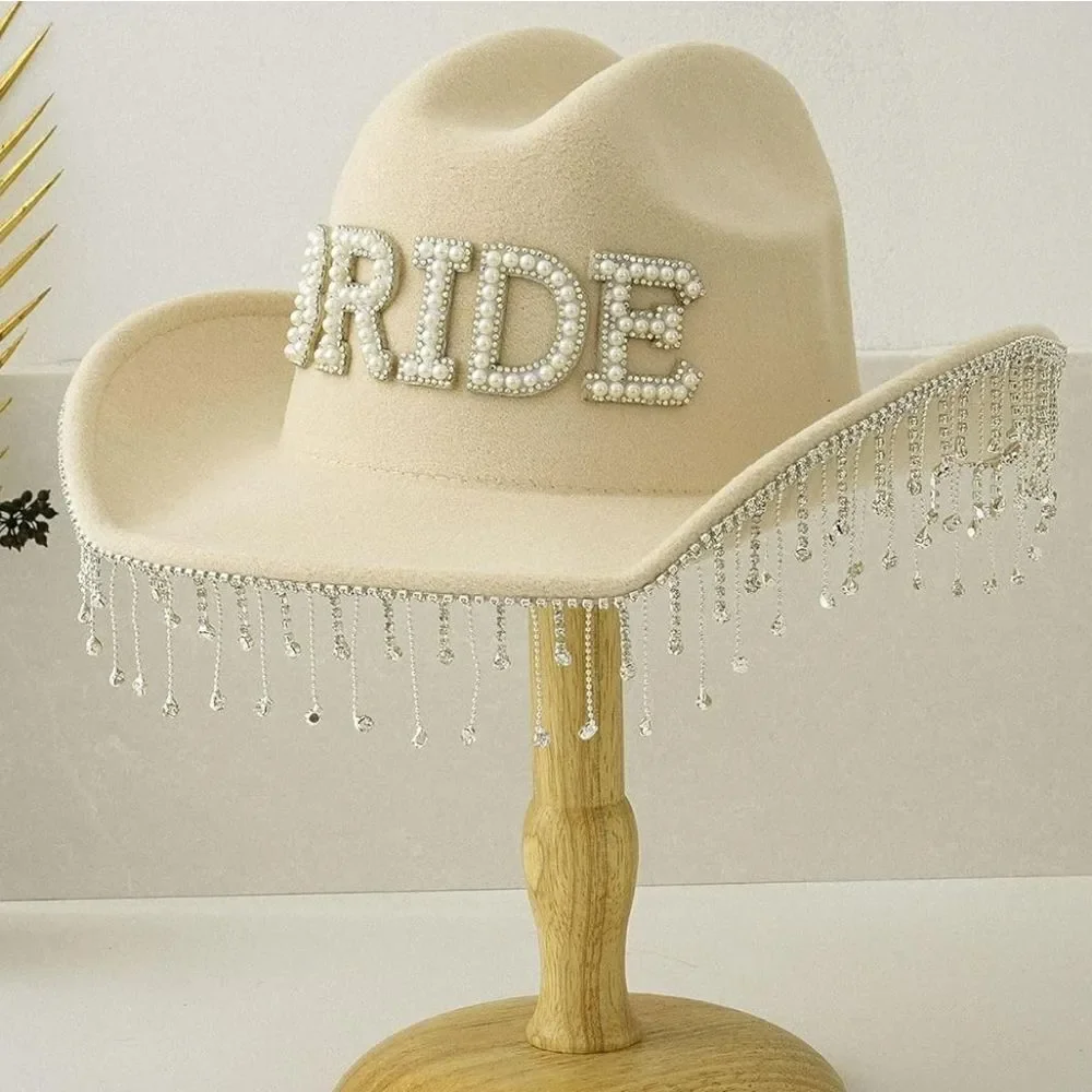 Beige Bridal Cowboy Hat with Pearl Fringe